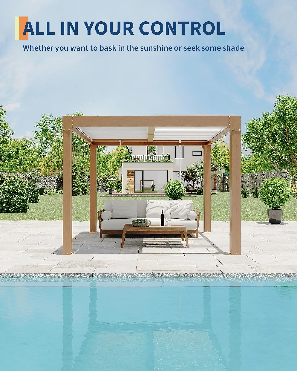 GarveeLife Louvered Pergola 10 ft x10', Outdoor Pergola with Adjustable Louvered Roof, Reinforced Aluminum Frame, Integrated Drainage System, Hardtop Gazebo for Patio, Deck, Wood Grain