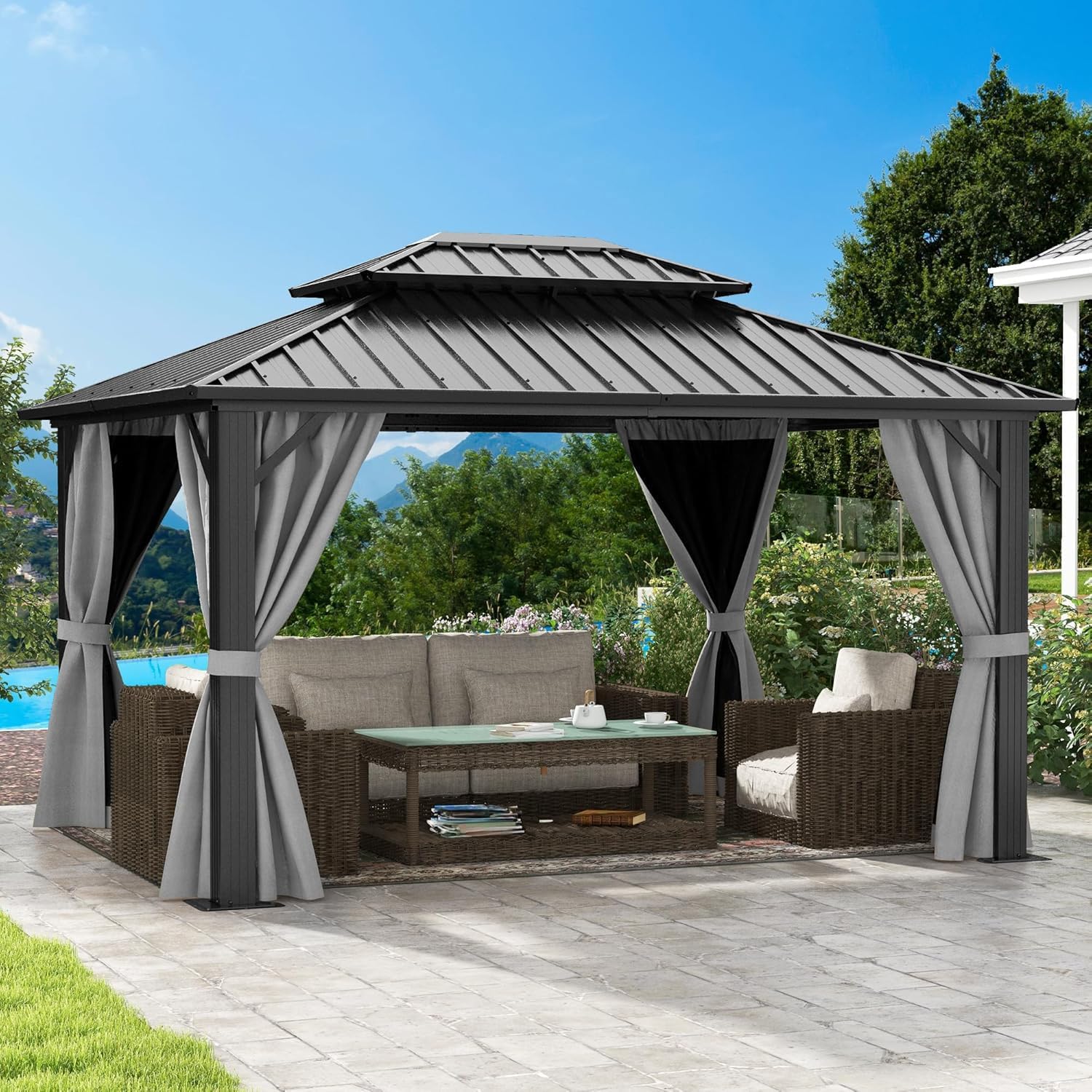 DWVO 10x12ft Gazebo Double Roof Hardtop with Nettings and Curtains, Heavy Duty Galvanized Steel Outdoor Vertical Stripes Roof for Patio, Backyard, Deck, Lawns, Grey