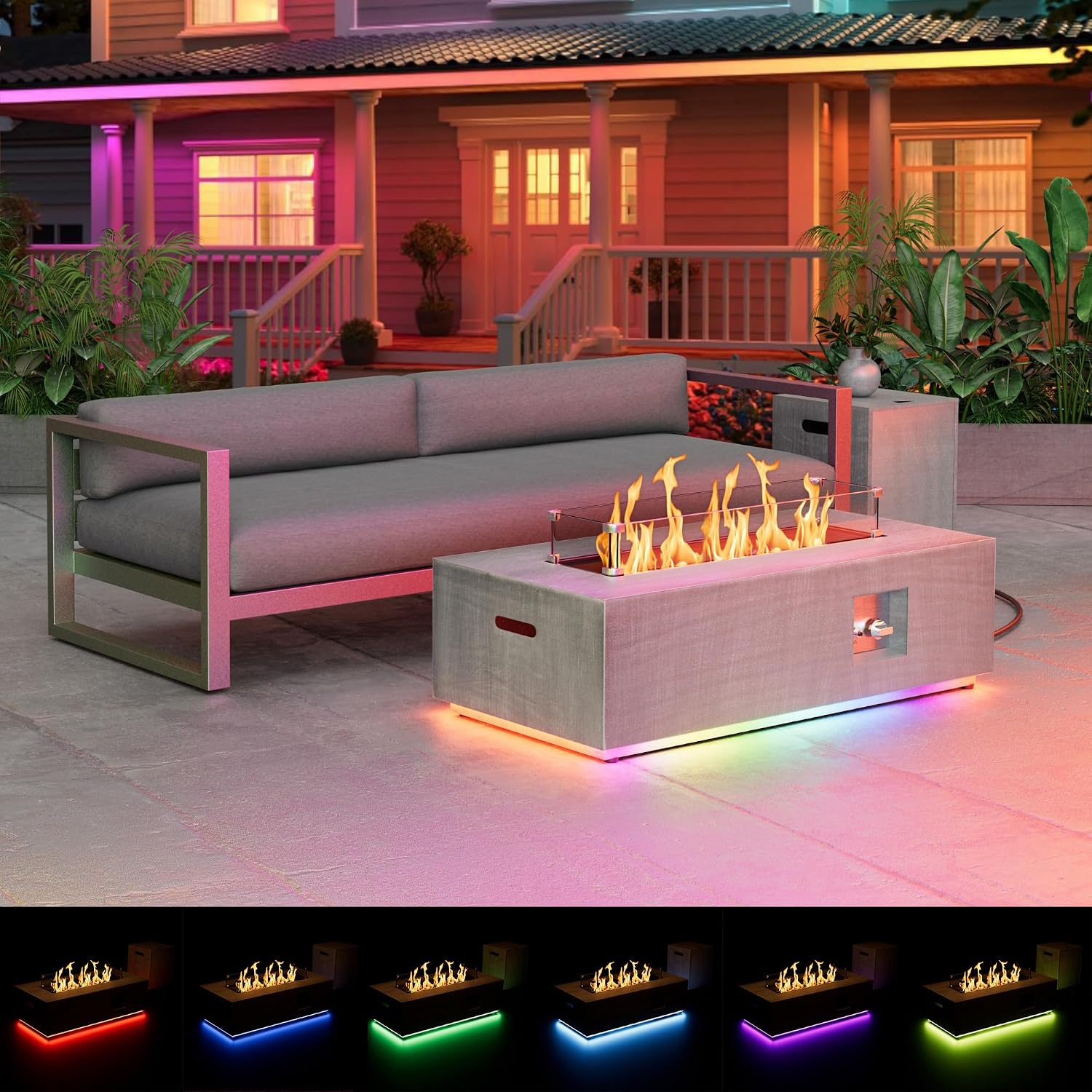 Dineli 2-Piece Outdoor Propane Fire Pit Table Set w Tank Table 42'' Rectangular Firepit Gas Fire Pits for Outside Patio Table Fire Pit w LED, 50,000 BTU (Light Gray, with RGB Light)