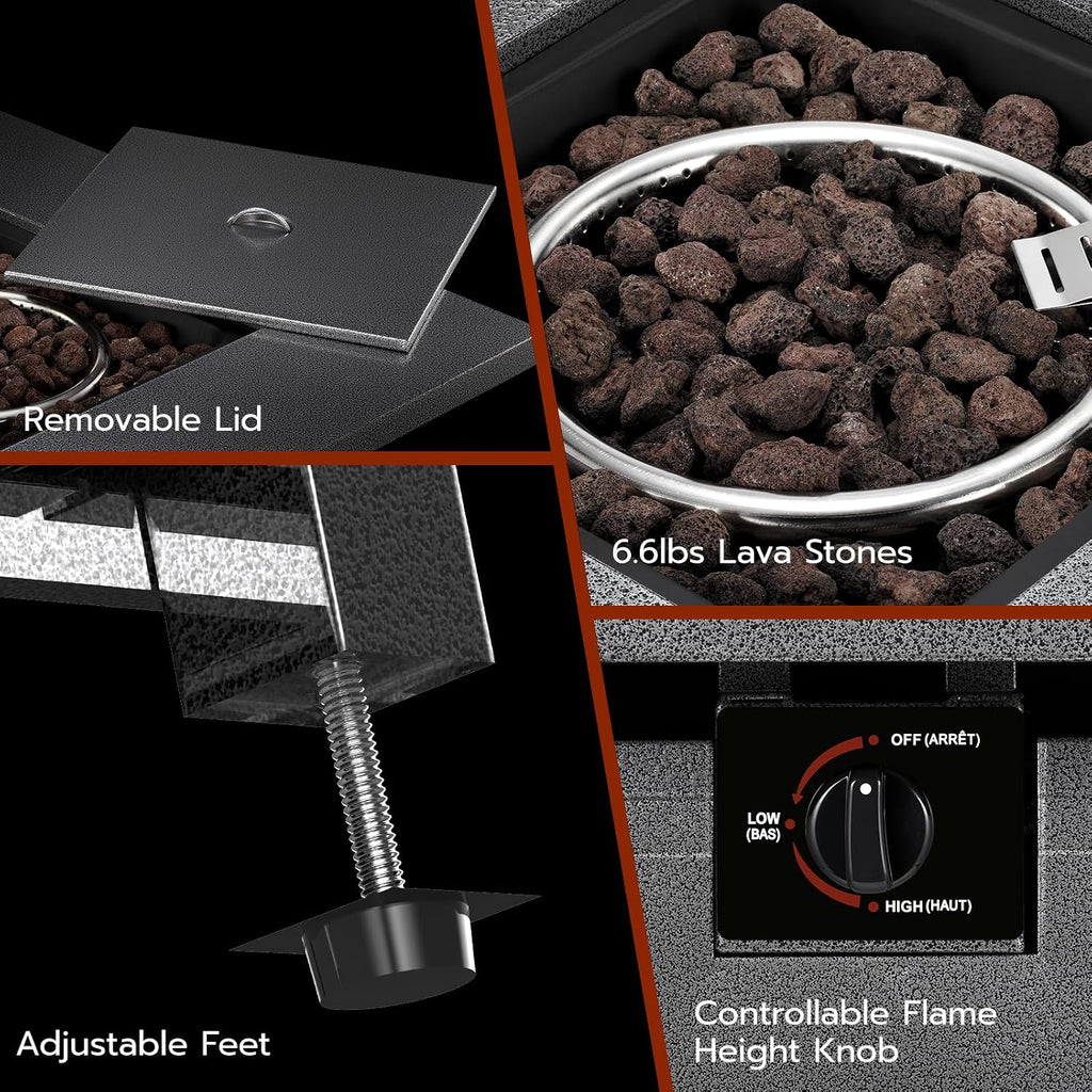 Xbeauty Propane Fire Pit Table, 28' Outdoor Gas Fire Pit Table, 40,000 BTU Auto-Ignition Fire Tables with Lid, Rain Cover and 3 Pounds Lava Stones for Outside Garden Backyard Deck Patio (Square)