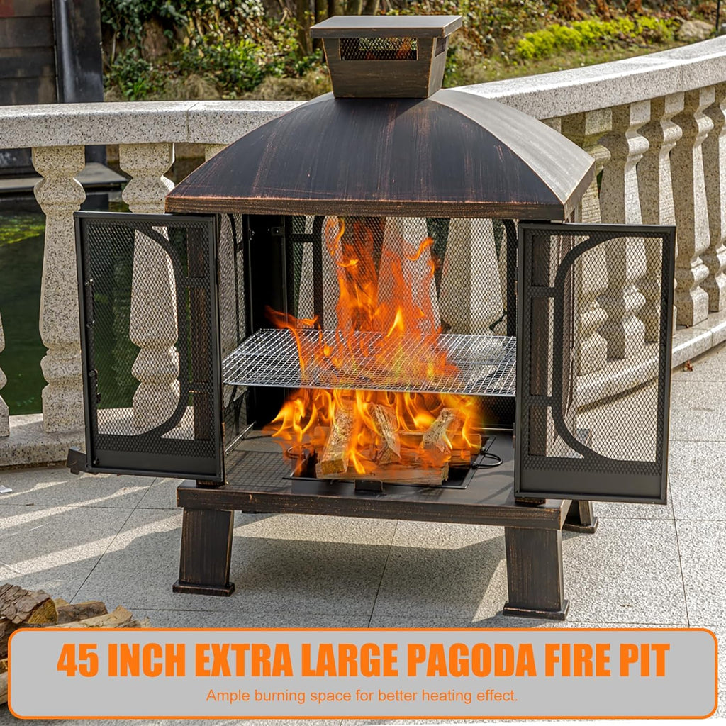 Panovue 45' H×31''W Metal Chiminea Fire Pit with Grill, Wood Burning Fire Pits for Outside,Square Chimineas Fireplace with Mesh Spark Screen Door& Fire Poker for Garden,Yard,BBQ,Bonfire (Black&Gold)