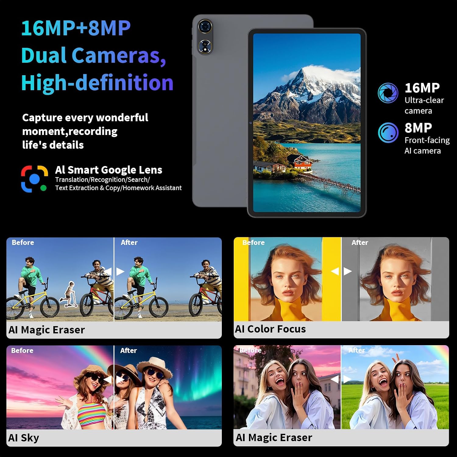 12 inch Android 15 Tablet, 2026 Tablet with Keyboard, 24GB+256GB+2TB Expand, 2 in 1 Tablets with Gemini AI, Octa-Core, 8000mAh, 5G WiFi, Widevine L1, GMS, Tablets PC with Case, Mouse, Stylus (Black)