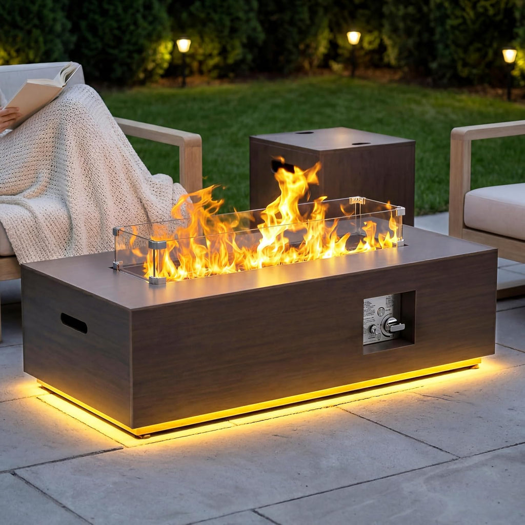 SUNPEAK 42' Modern Fire Pit Table with LED Light 50,000 BTU Deck Fire Pit Table Includes Wind Guard, Lid, Rocks & Cover - Propane Gas Patio Fireplace, Chimenea para Patio (Grey/Golden Light, 42' LED)