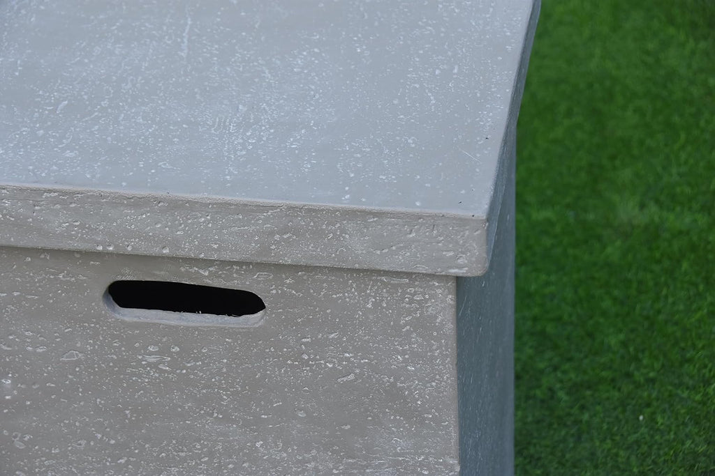 AMS Fireplace | Elementi Tall Light Grey Square Travertine Propane Tank Cover | Concrete GFRC Base | Dimensions: 17.7 x 17.7 x 24.4 inches | Complement HAMPTON, and Others Fire Pit Tables Perfectly