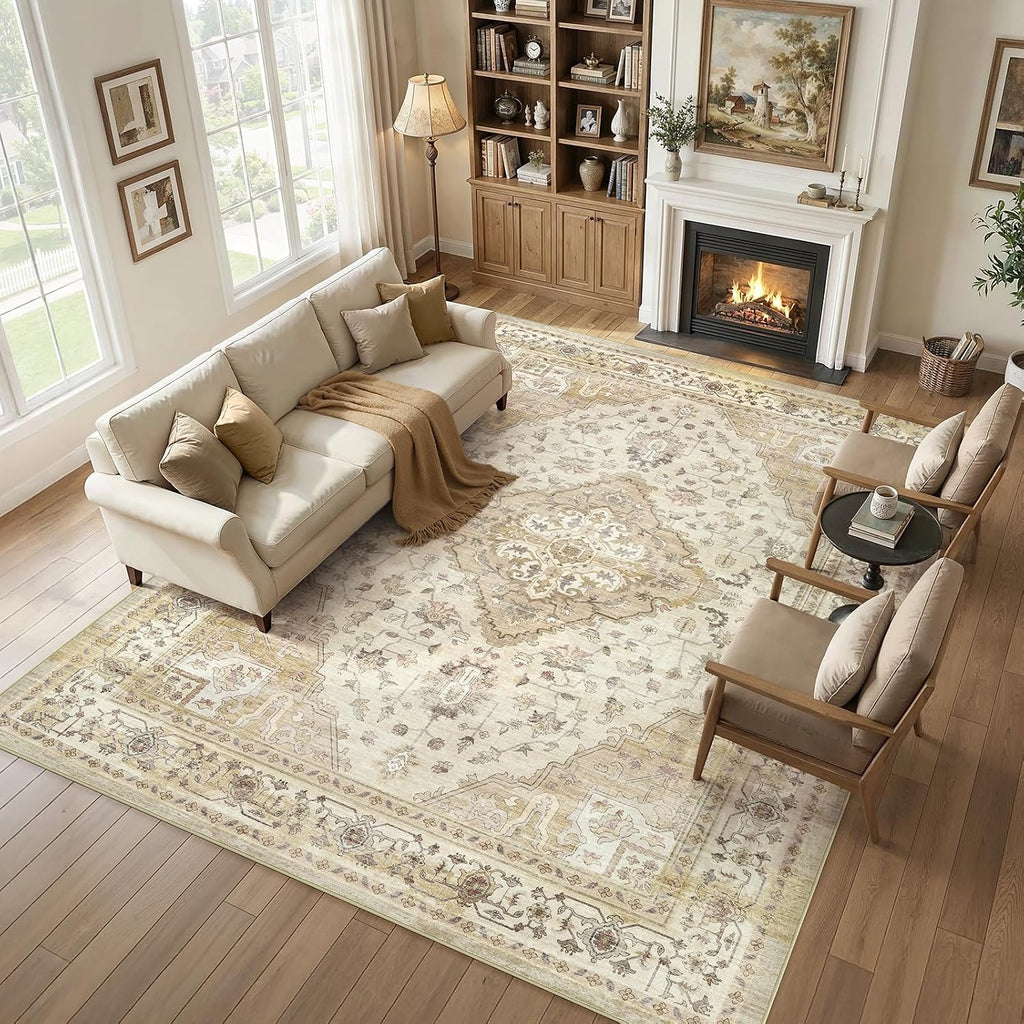 10x12 Living Room Area Rugs, Vintage Washable Rugs Non-Slip Large Carpet for Bedroom Office Dining Room Kitchen, Soft Thin Stain Resistant Retro Neutral Rug, Beige