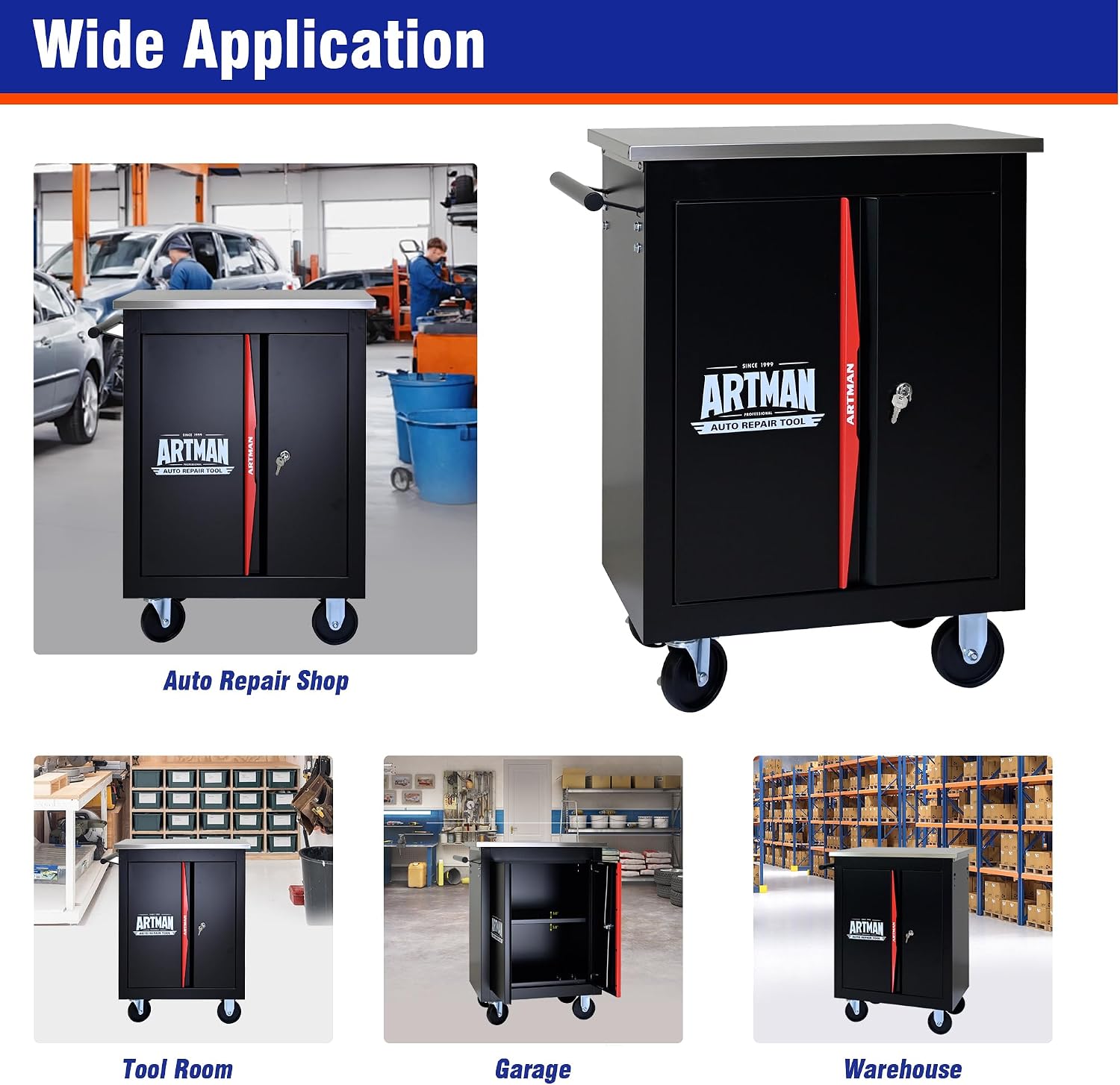 1 Cabinet Tool Cart on Wheels with Stainless Steel Worktop, Heavy Duty Mobile Rolling Drawer Tool Chest with Locking Wheels & Lockable Drawers, Garage Tool Storage Cabinet (Black, 1 Cabinet)