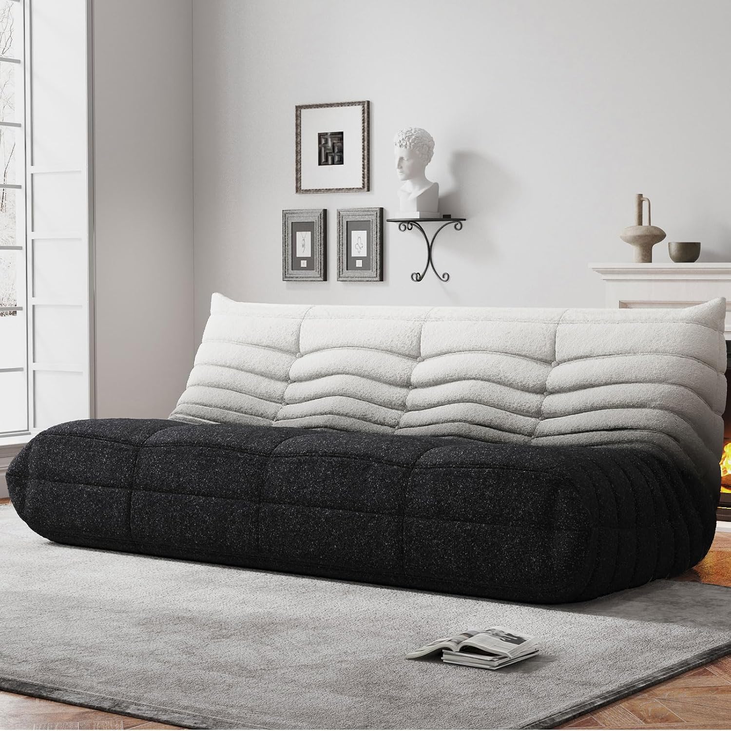WHGBJA Bean Bag Chairs for Adults, BeanBag Reading Chair Memory Foam Couch 3-Seater, Floor Chair Soft Teddy Material, Comfy Reading Nook Chairs for Bedroom Living Room Office (Black White)