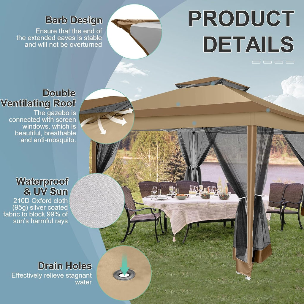 COBIZI 12x12 FT Pop up Gazebo on Clearance Canopy Tent, Carpas para Patio, Easy up Outdoor Canopy Tents with Portable Storage Bag for Backyard, Outdoor Waterproof Gazebos for Garden,Camping, Brown
