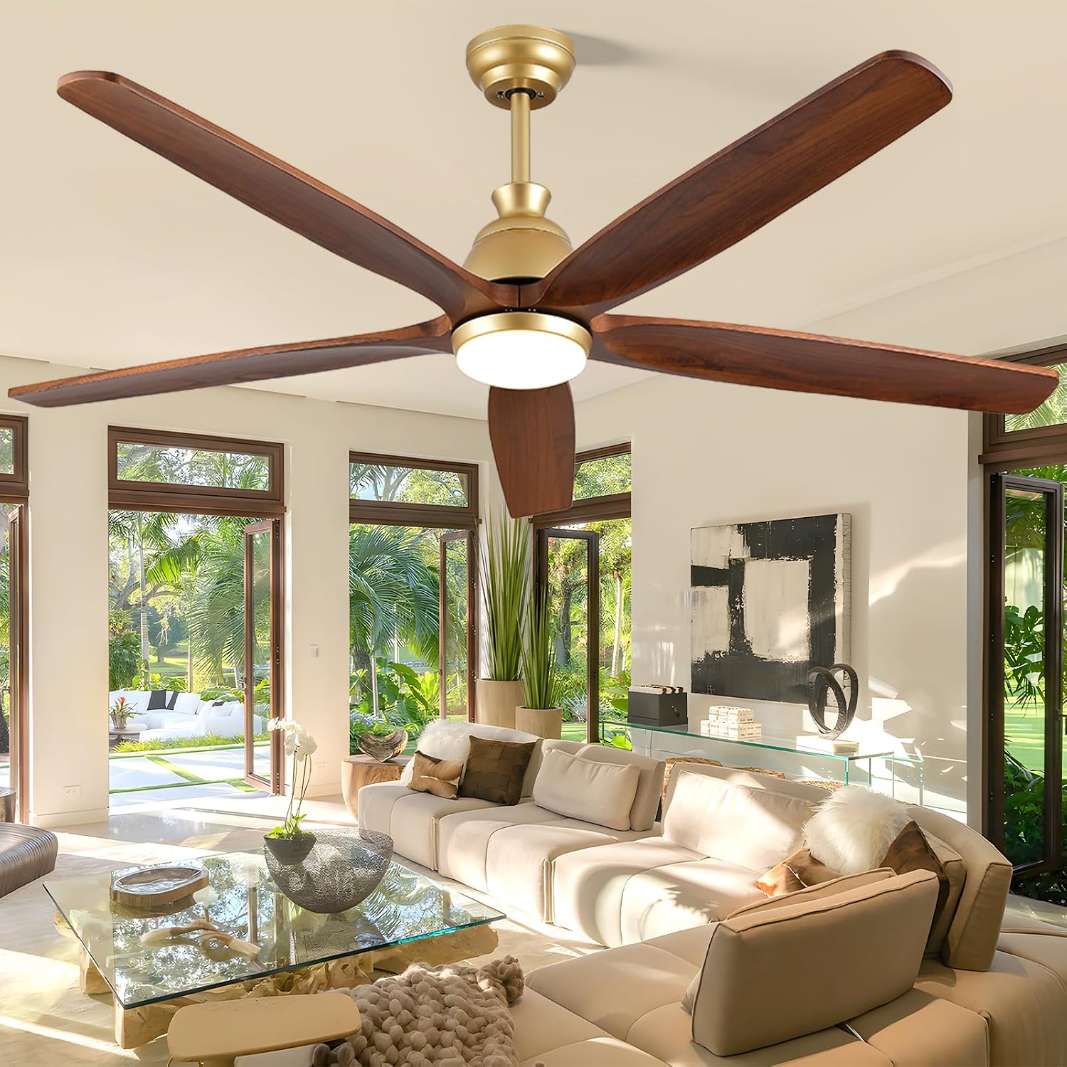 60 Inch Outdoor Ceiling Fan with Light and Remote, Gold Ceiling Fans with Lights, Solid Wood Blade, Quiet Reversible DC Motor, Damp-Rated Large Outdoor Ceiling Fans for Patios Porch Gazebo Farmhouse