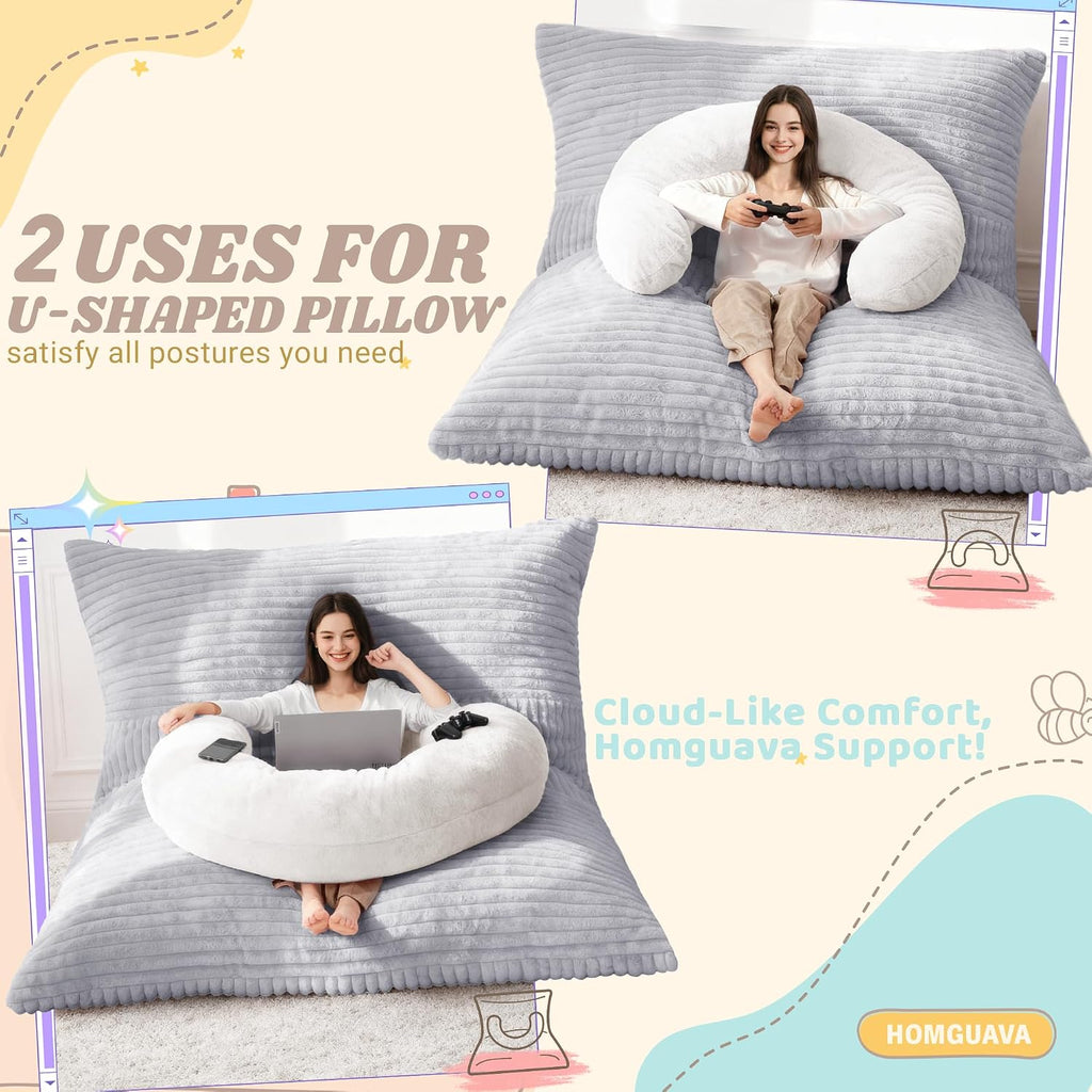 Homguava Giant Bean Bag Chair for Adults with Pillow, 4 in 1 Convertible Floor Cushion for Adluts, Memory Foamed Bean Bag Lounger with Washable Cover for Living Room, Bedroom