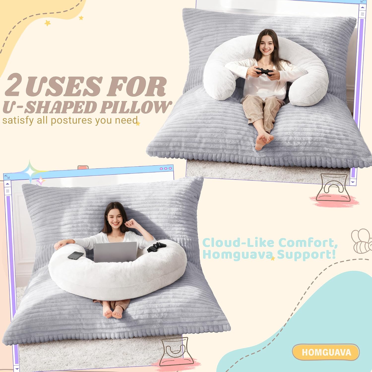 Homguava Giant Bean Bag Chair for Adults with Pillow, 4 in 1 Convertible Floor Cushion for Adluts, Memory Foamed Bean Bag Lounger with Washable Cover for Living Room, Bedroom