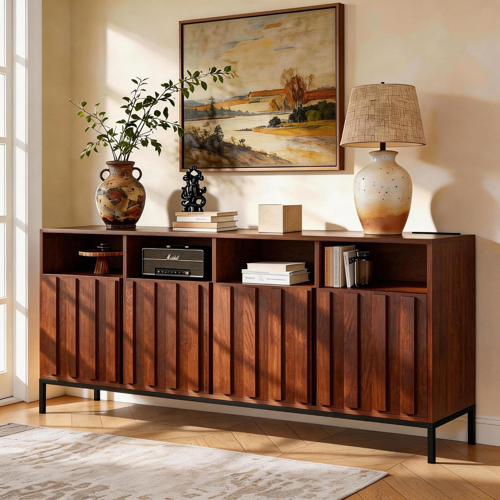 COCO DESIGN 70' Fluted TV Stand with Power Outlet for TVs up to 80', Modern Entertainment Center with Adjustable Shelves, Media Console Table with Storage for Living Room, Walnut