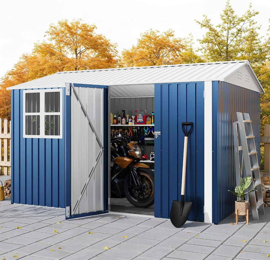 Garvee 10X8 FT Storage Shed with Cross Windows & Double Doors, 450 Cu Ft Large Outdoor Tool Shed, Garden Shed for Riding Mower, Bike, Lawn Equipment - All Weather Meta