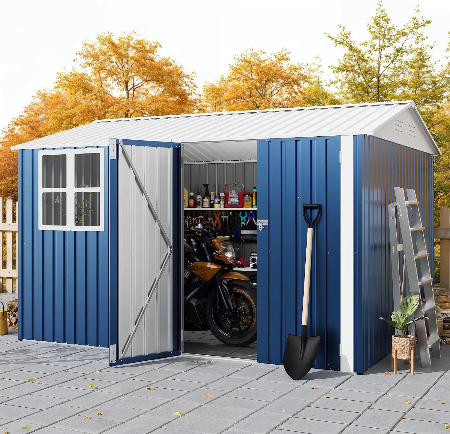 Garvee 10X8 FT Storage Shed with Cross Windows & Double Doors, 450 Cu Ft Large Outdoor Tool Shed, Garden Shed for Riding Mower, Bike, Lawn Equipment - All Weather Meta