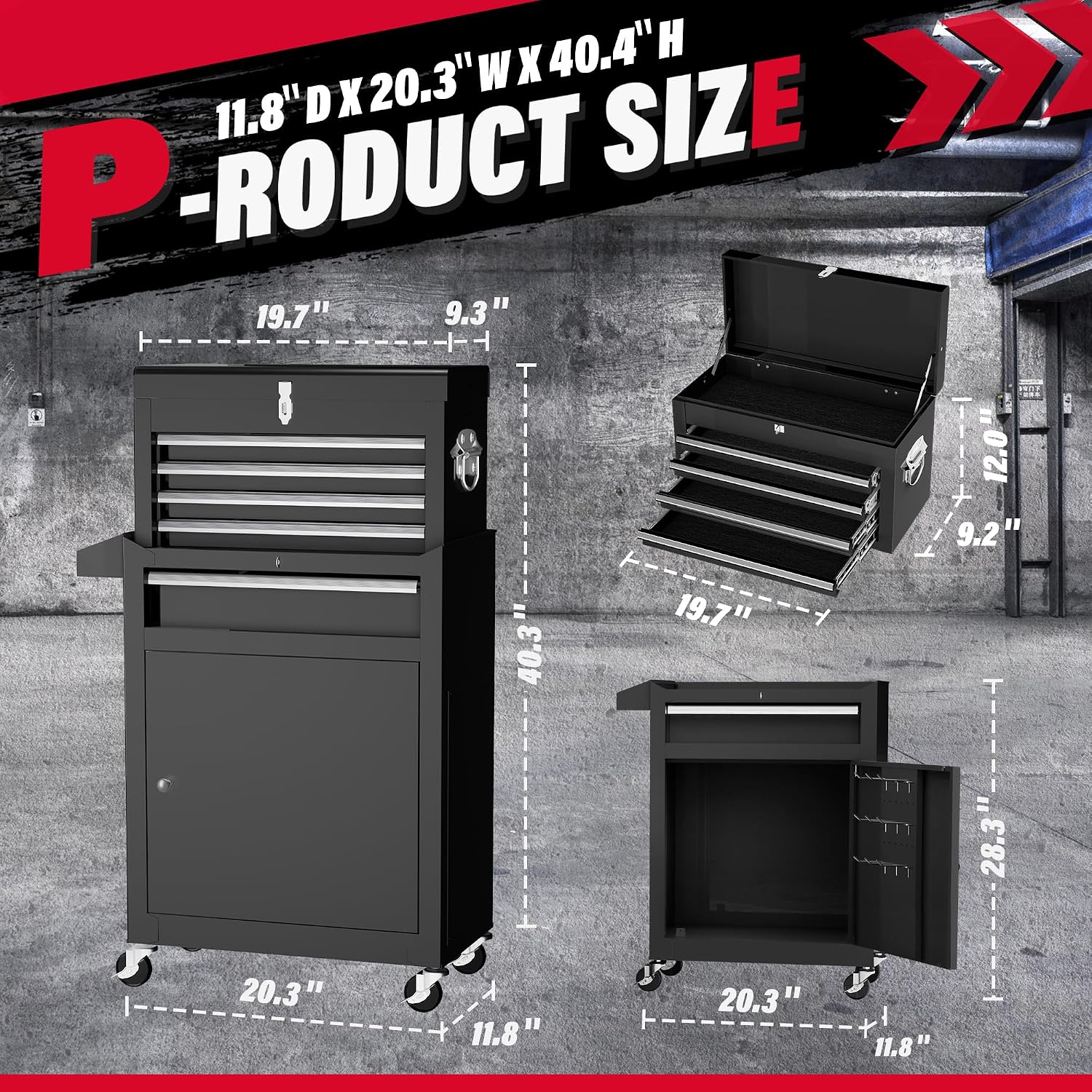 Greenvelly Metal Tool Chest,5-Drawer Black Tool Box with Wheels,2 in 1 Detachable Tool Cabinets with Liners and Locking System for Warehouse, Garage,Workshop, Barbershop