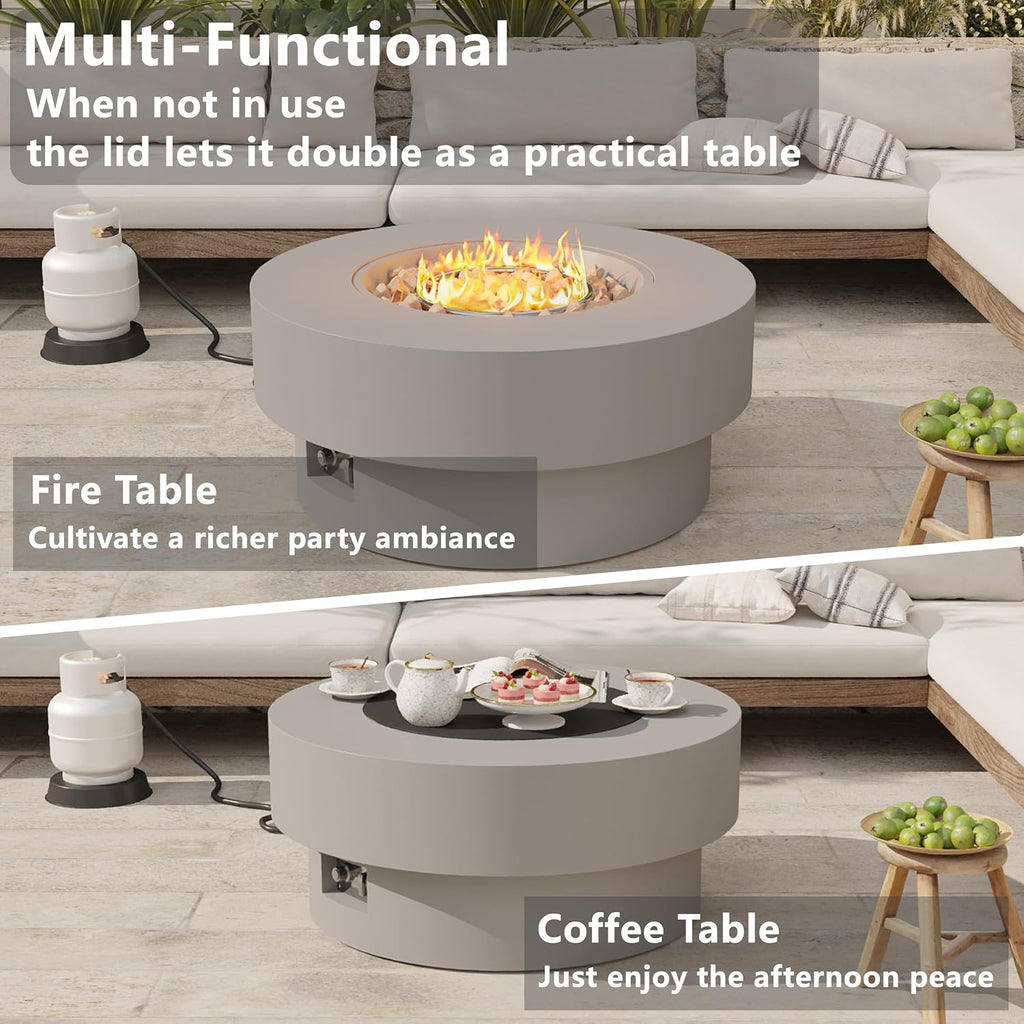 32.5 inch Outdoor Propane Fire Pit Table, 50000 BTU Round Patio Fire Pit Table with Lid, Waterproof Cover, 10ft Gas Hose & Gas Tank Base, Lava Rocks, CSA Certified, Grey