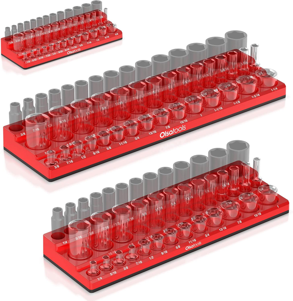 Olsa Tools Magnetic Socket Organizer - 1/4', 3/8' & 1/2-Inch Drive SAE Socket Holder Set - Professional Tool Holder and Organizer - Stores up to 123 Sockets - Red - Part: 1560