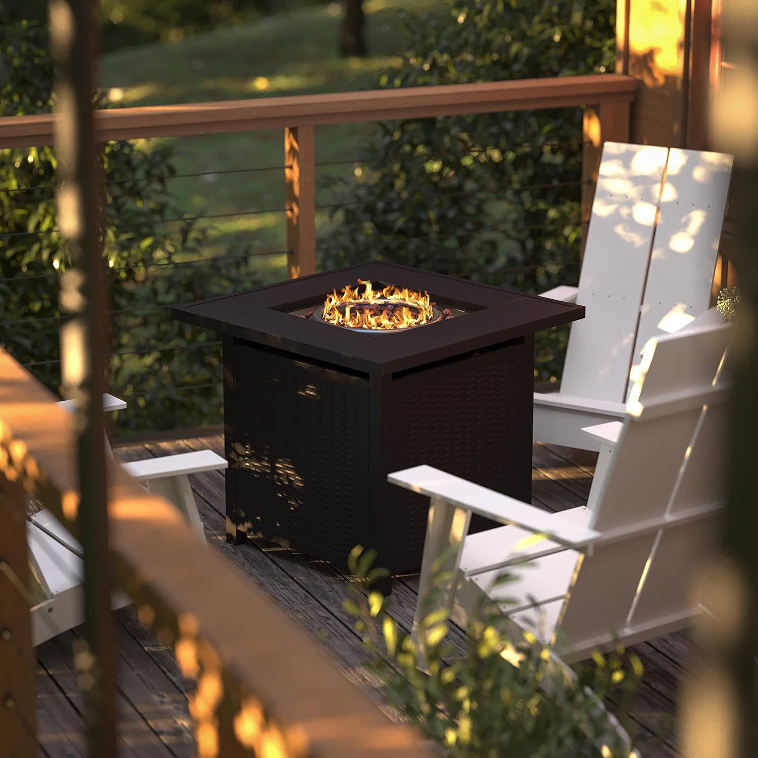 Flash Furniture Olympia 50,000 BTU Outdoor Propane Gas Fire Pit Table - Black Stainless Steel Tabletop and Steel Wicker Detail Base - 28' Square - Included Lava Rocks