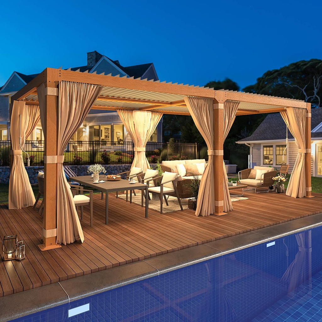 Yoleny Louvered Pergola - 10x20, All Aluminum with Adjustable Rainproof Roof, Outdoor Pergola with Curtains and Nets for Patio & Garden, Woodgrain