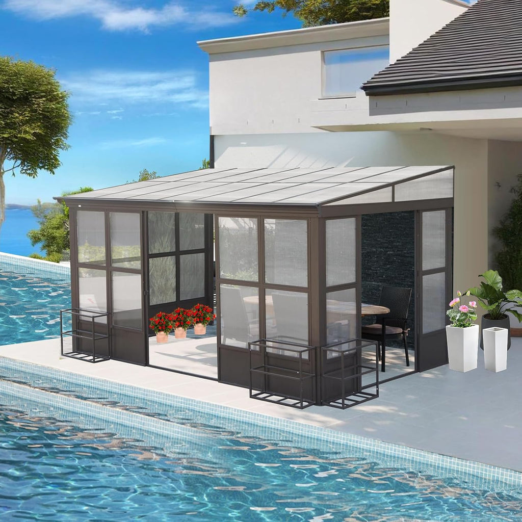 10x14FT Sunroom Kit, Wall Mounted Sunroom, Outdoor Permanent Houses with Detachable Polycarbonate Windows, Lean to Gazebo Sun Room with 2 Lockable Sliding Doors