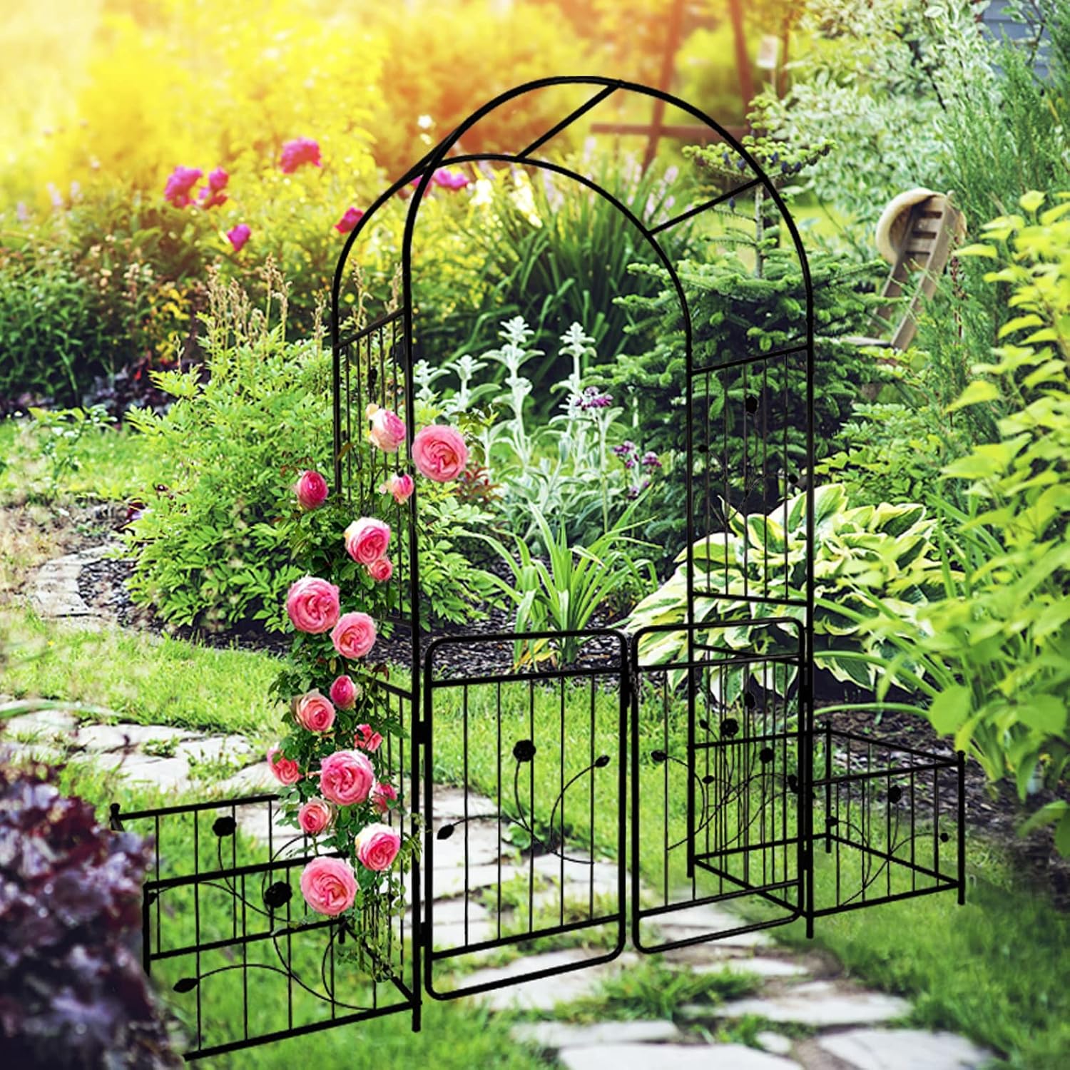 Metal Outdoor Garden Arch Iron Arbors Gazebo with 2 Plant Stands,High Birdcage Shape Pergola Pavilion,W/Ouble Gate Design,for Ivy Vines,Rose,Morning Glory,Black,79.5'x86.6'