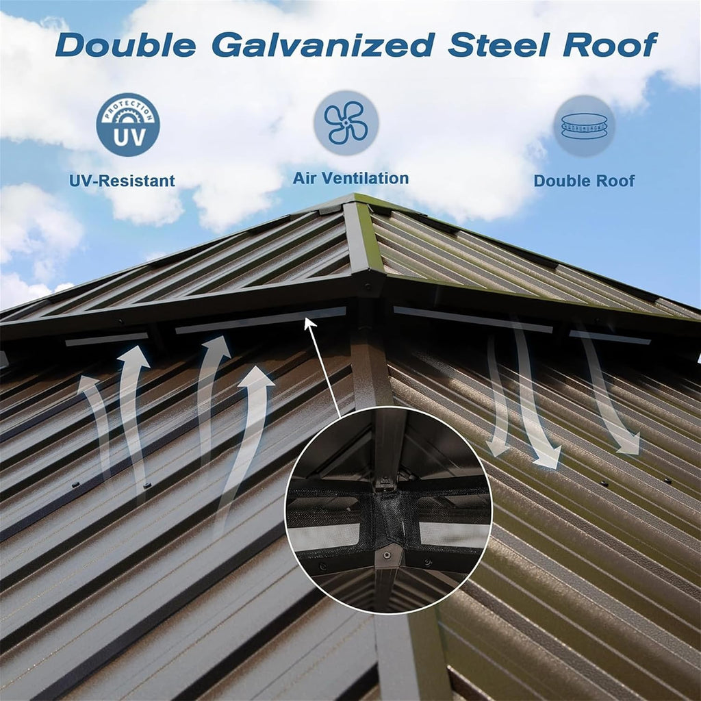 12' X 16' Hardtop Gazebo, Aluminum Metal Gazebo with Galvanized Steel Double Roof Canopy, Curtain and Netting, Permanent Gazebo Pavilion for Party, Wedding, Outdoor Dining, Brown
