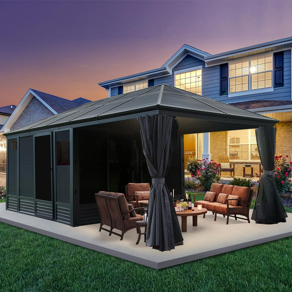 Domi 11x21FT Outdoor Sunroom Gazebo, Aluminum Solarium with Galvanized Steel Sloping Roof, Detachable PE Screens, 2 Lockable Sliding Doors, Hardtop Sun Room with Netting&Curtains for Patio Deck Garden
