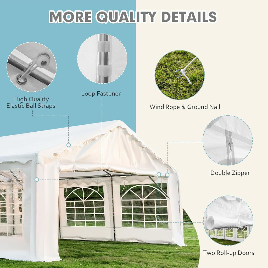 EROMMY 20x40ft Party Tent, Outdoor Wedding Tent, Heavy Duty Large Canopy Carport with Removable Sidewalls, 2 Roll-up Doors, 4 Storage Bags, Gazebo Shelter Tent for Party Event Commercials, White