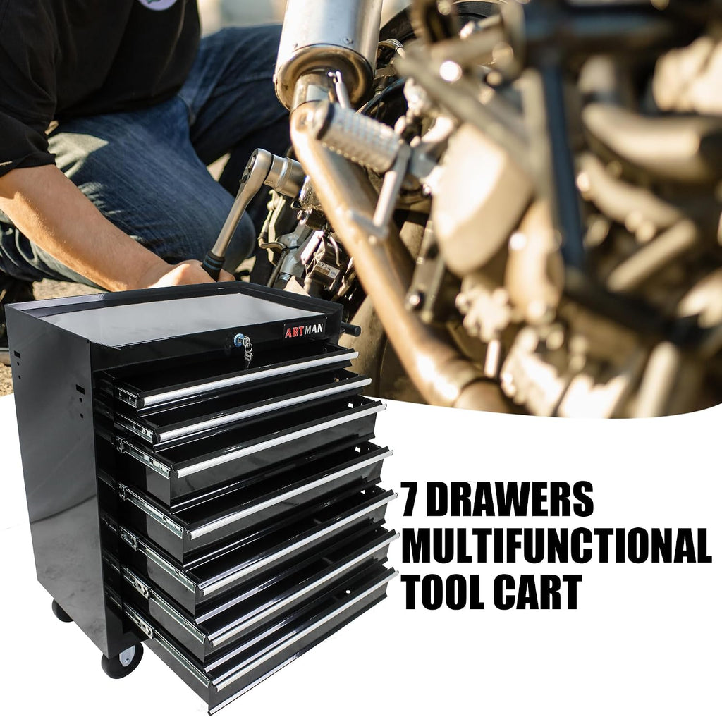Rolling Tool Chest, 7-Drawer Tool Cabinet with Wheels, Heavy-Duty Steel Tool Storage Cabinet, Lockable Tool Box on Wheels for Garage & Workshop, Black