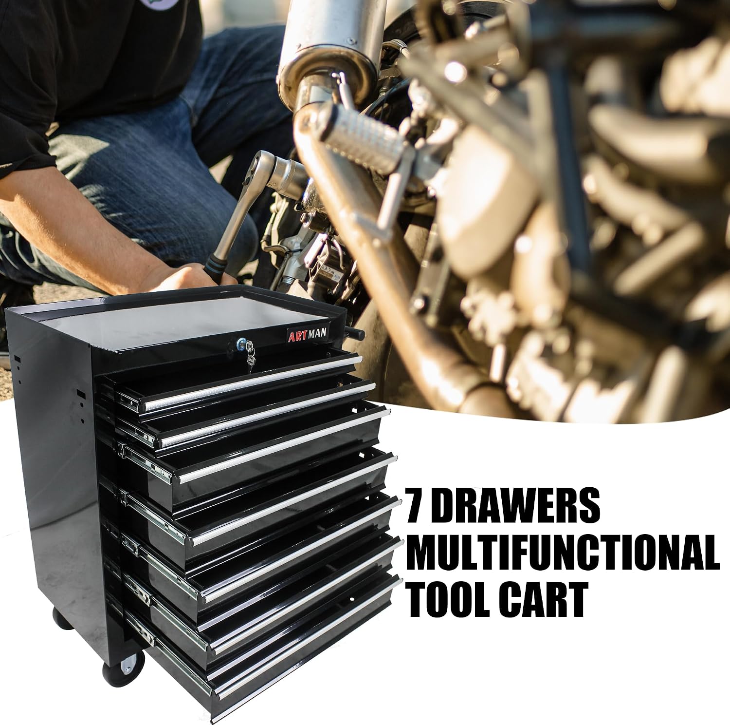 Rolling Tool Chest, 7-Drawer Tool Cabinet with Wheels, Heavy-Duty Steel Tool Storage Cabinet, Lockable Tool Box on Wheels for Garage & Workshop, Black