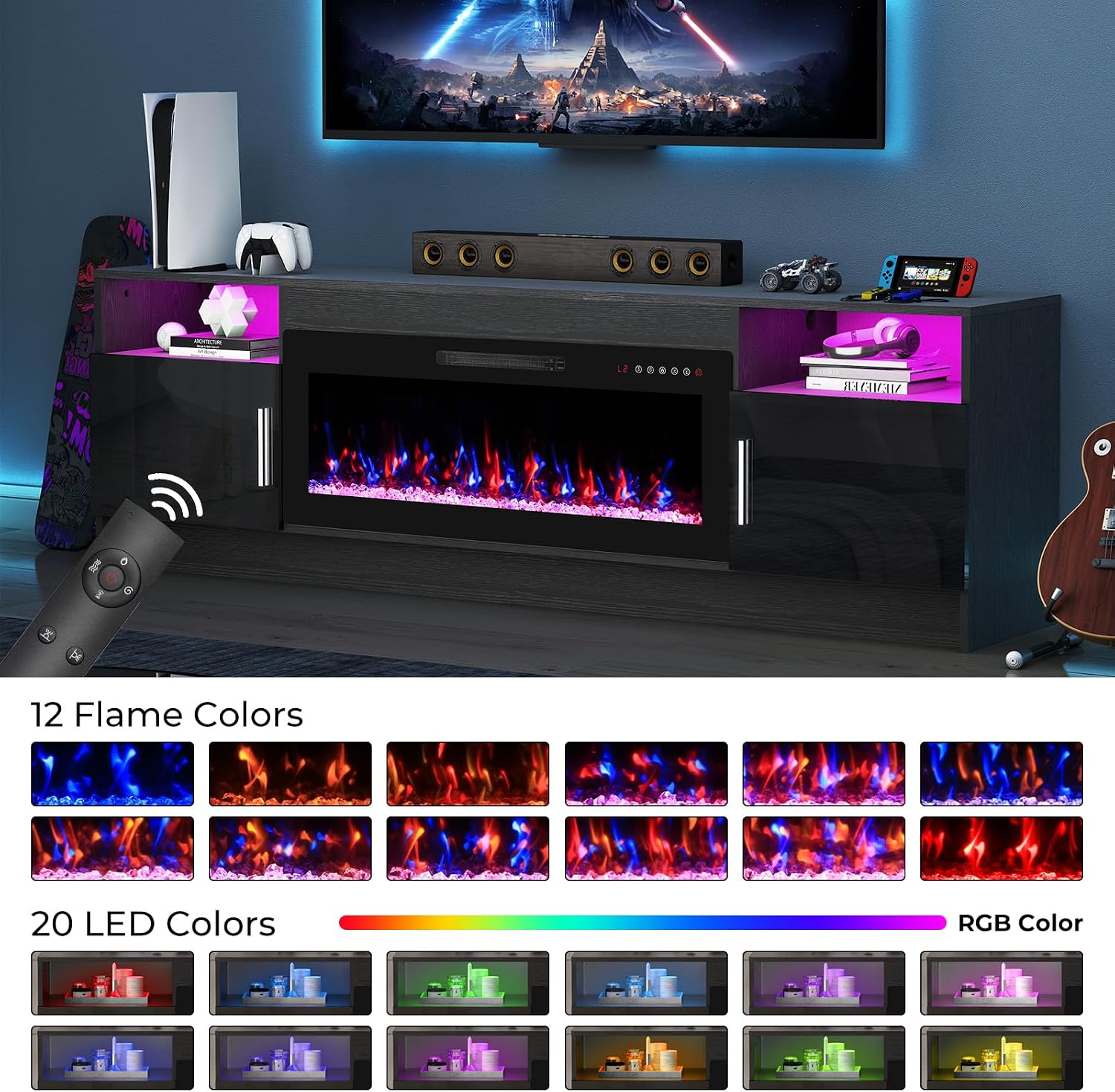 70' TV Stand with Fireplace for TVs Up to 80', LED Light Media Console with 36' Electric Heater, Storage Cabinet, Entertainment Center for Living Room, Black
