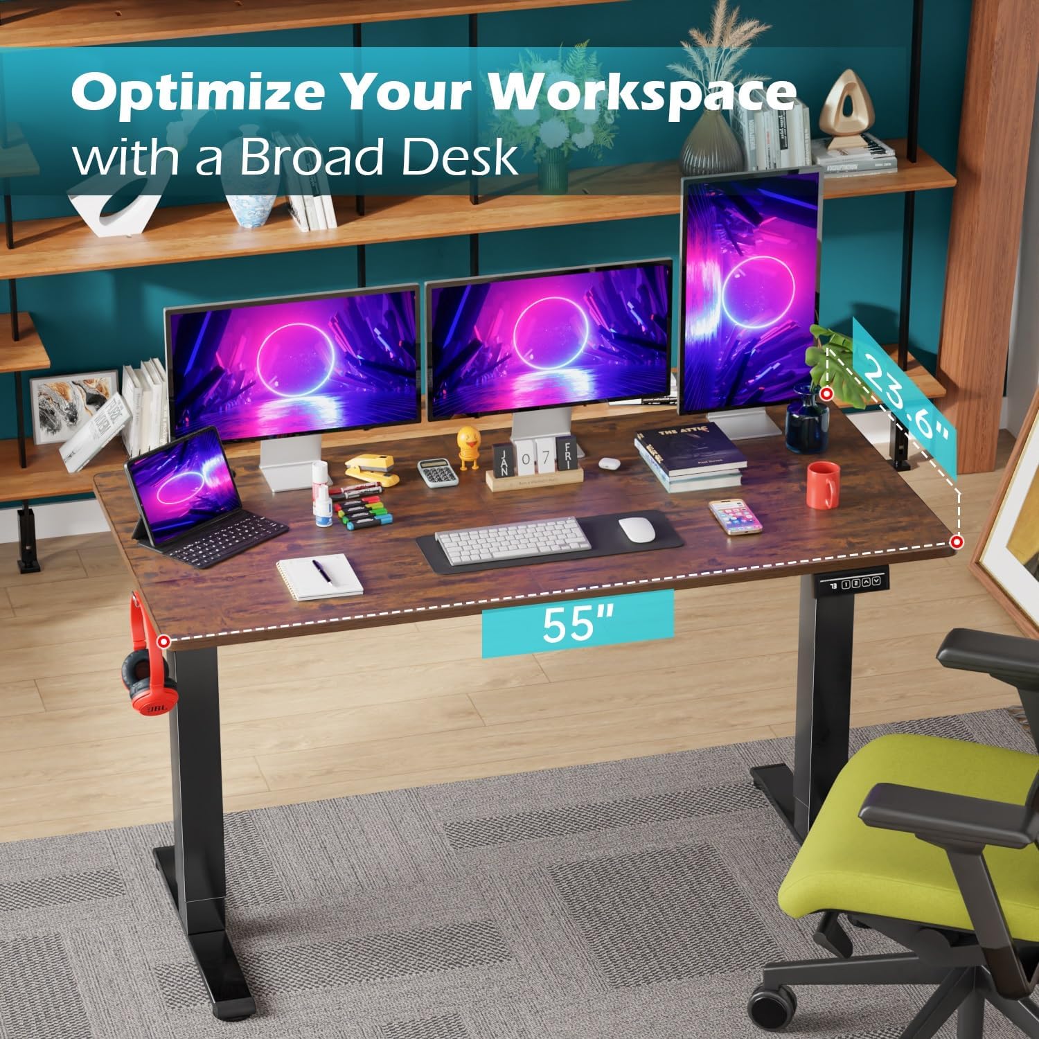 PayLessHere 55 Inch Electric Standing Desk Sit Stand up Desk Home Office Desk with Large Space Headphone Holder 2 Memory Function for Home,Office,Meeting Room (Brown)