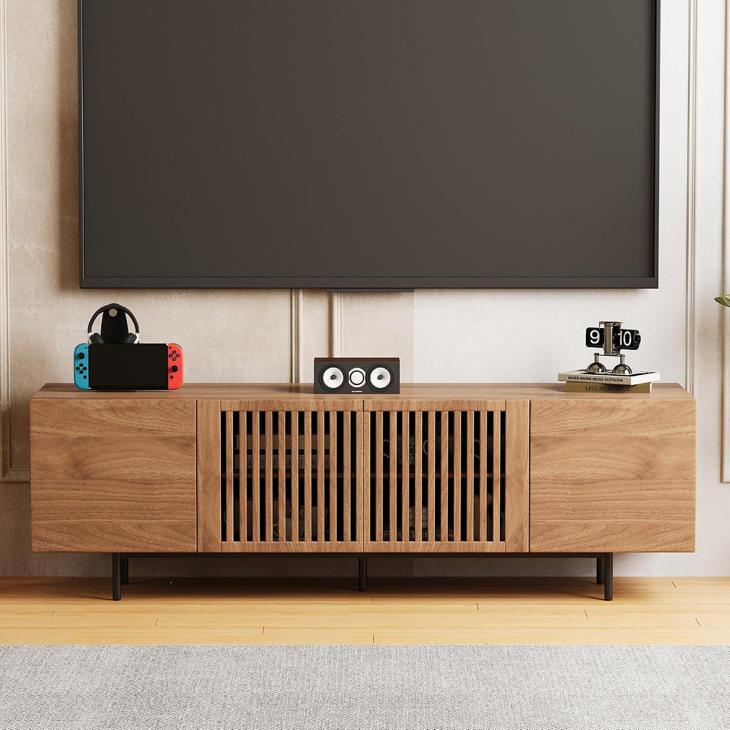 70.87' Mid Century Modern TV Stand, Walnut Media Console for 70 Inch TVs, Entertainment Cabinet with 4 Storage Compartments for Living Room or Bedroom