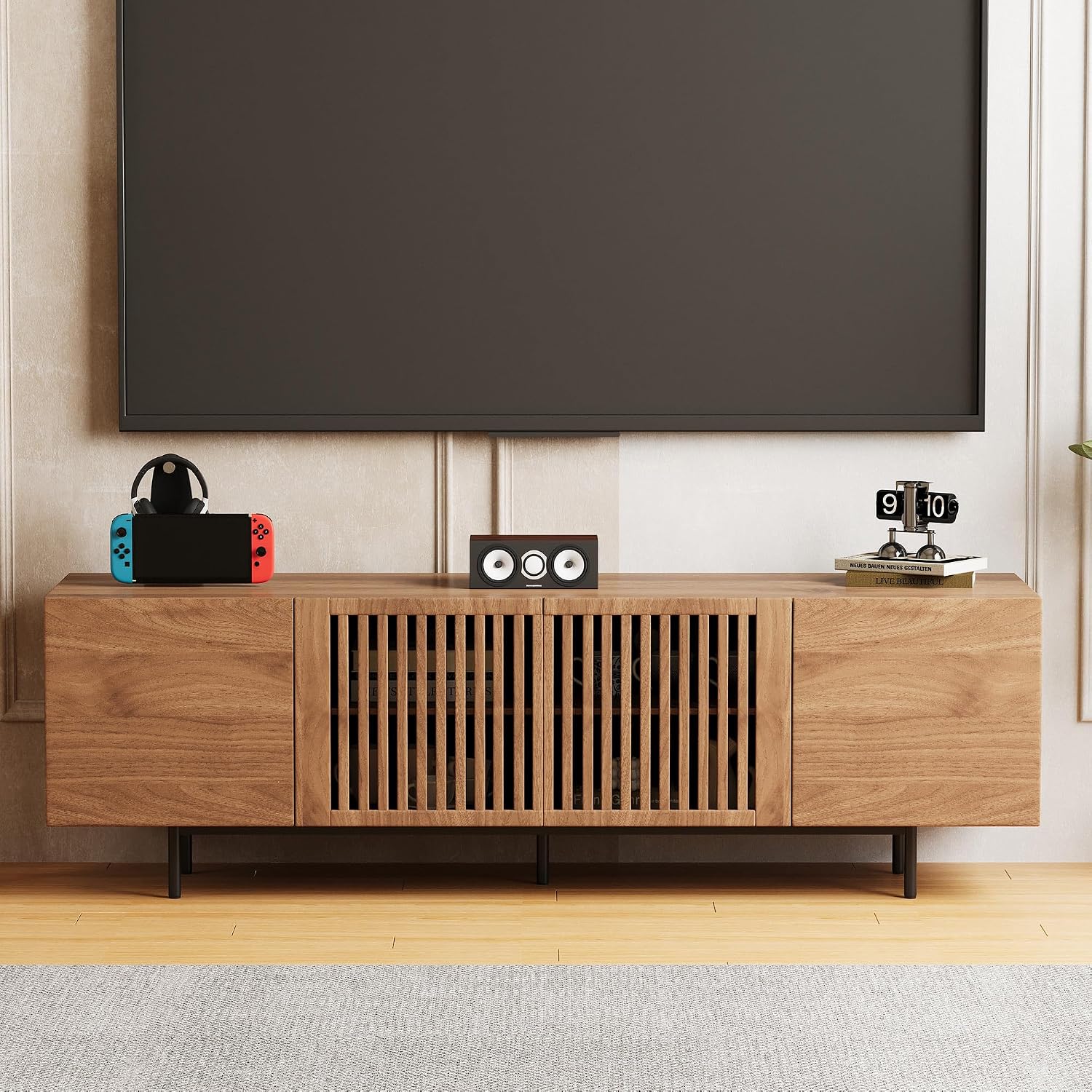 70.87' Mid Century Modern TV Stand, Walnut Media Console for 70 Inch TVs, Entertainment Cabinet with 4 Storage Compartments for Living Room or Bedroom