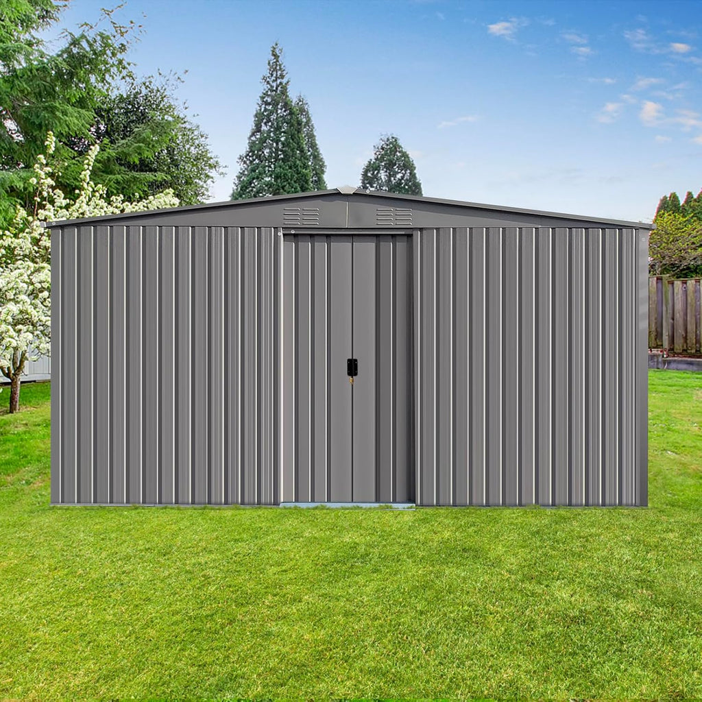 14x12 FT Metal Storage Shed, Outdoor Storage Shed with Window & Apex Roof, Lockable Door for Garden, Backyard, Lawn, and Utility Shelter, Weather-Resistant, Easy to Set Up, Grey