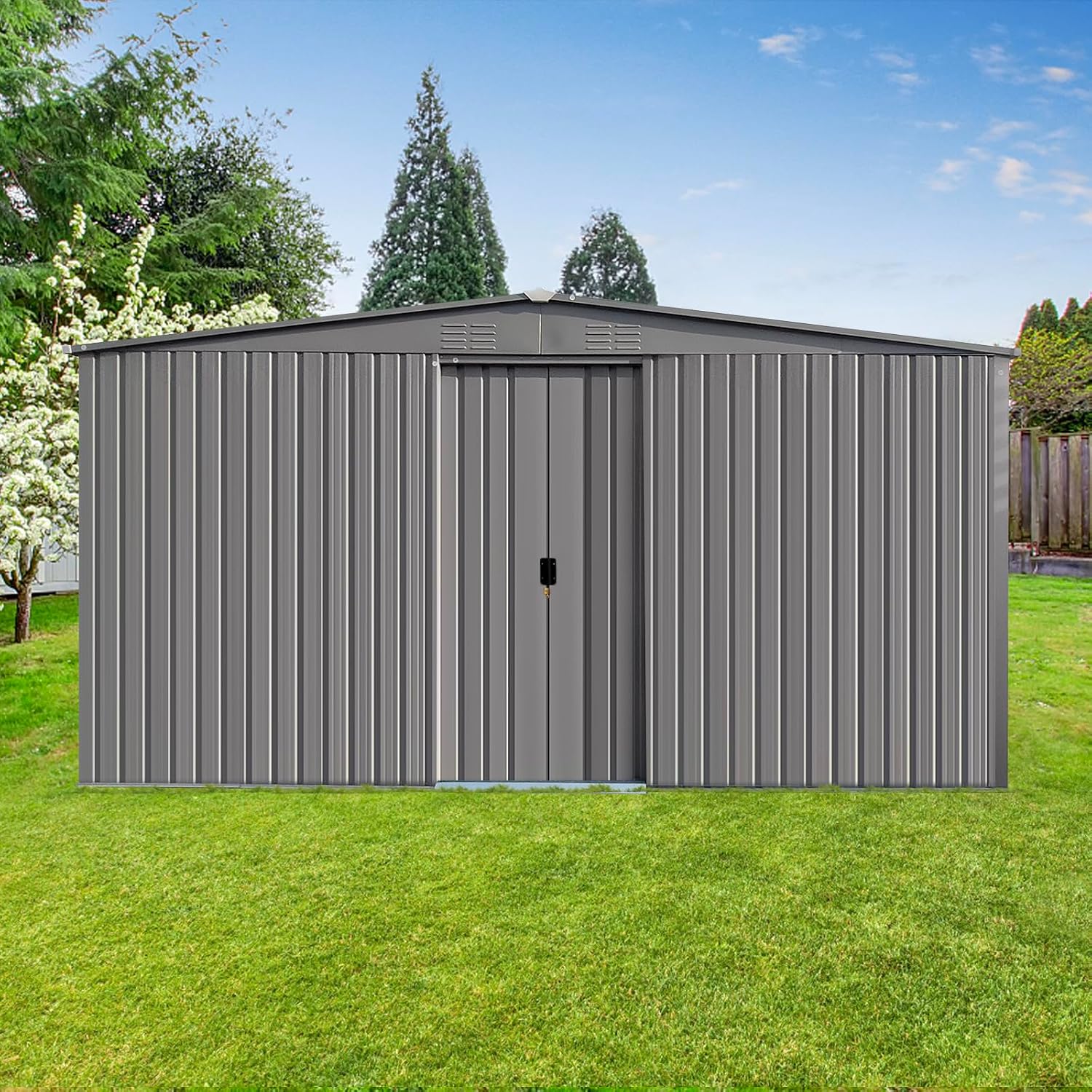 14x12 FT Metal Storage Shed, Outdoor Storage Shed with Window & Apex Roof, Lockable Door for Garden, Backyard, Lawn, and Utility Shelter, Weather-Resistant, Easy to Set Up, Grey