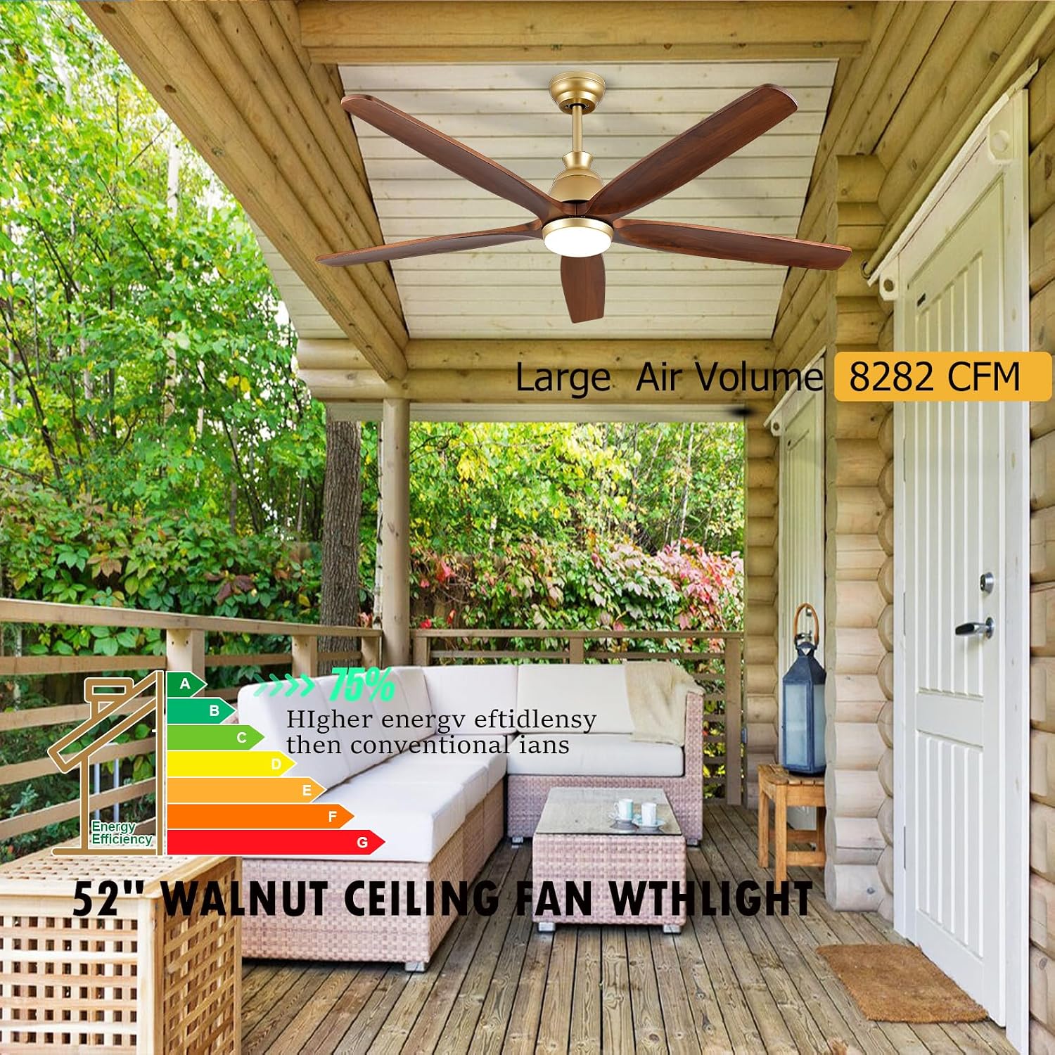 52 Inch Gold Ceiling Fans with Lights and Remote, 5 Blade Natural Solid Wood Ceiling Fan with Light Quiet DC Motor Fan, Farmhouse Ceiling Fans for Outdoor Patios Porch Gazebo Bedroom