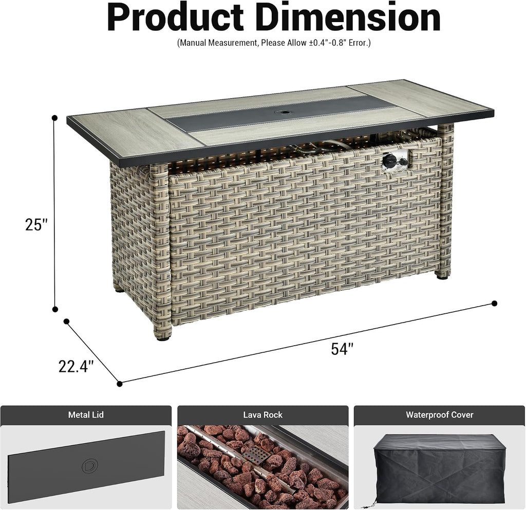 OVIOS 54' Outdoor Propane Fire Pit Table, 50,000 BTU PE Rattan Weaved Firepits with Ceramic Tabletop, Waterproof Cover, Steel Lid, Lava Rock for Patio Deck Garden, Mixed Color