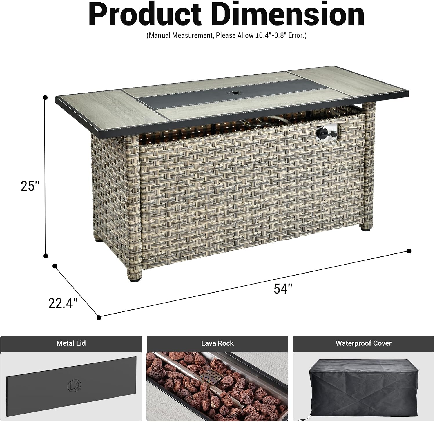 OVIOS 54' Outdoor Propane Fire Pit Table, 50,000 BTU PE Rattan Weaved Firepits with Ceramic Tabletop, Waterproof Cover, Steel Lid, Lava Rock for Patio Deck Garden, Mixed Color