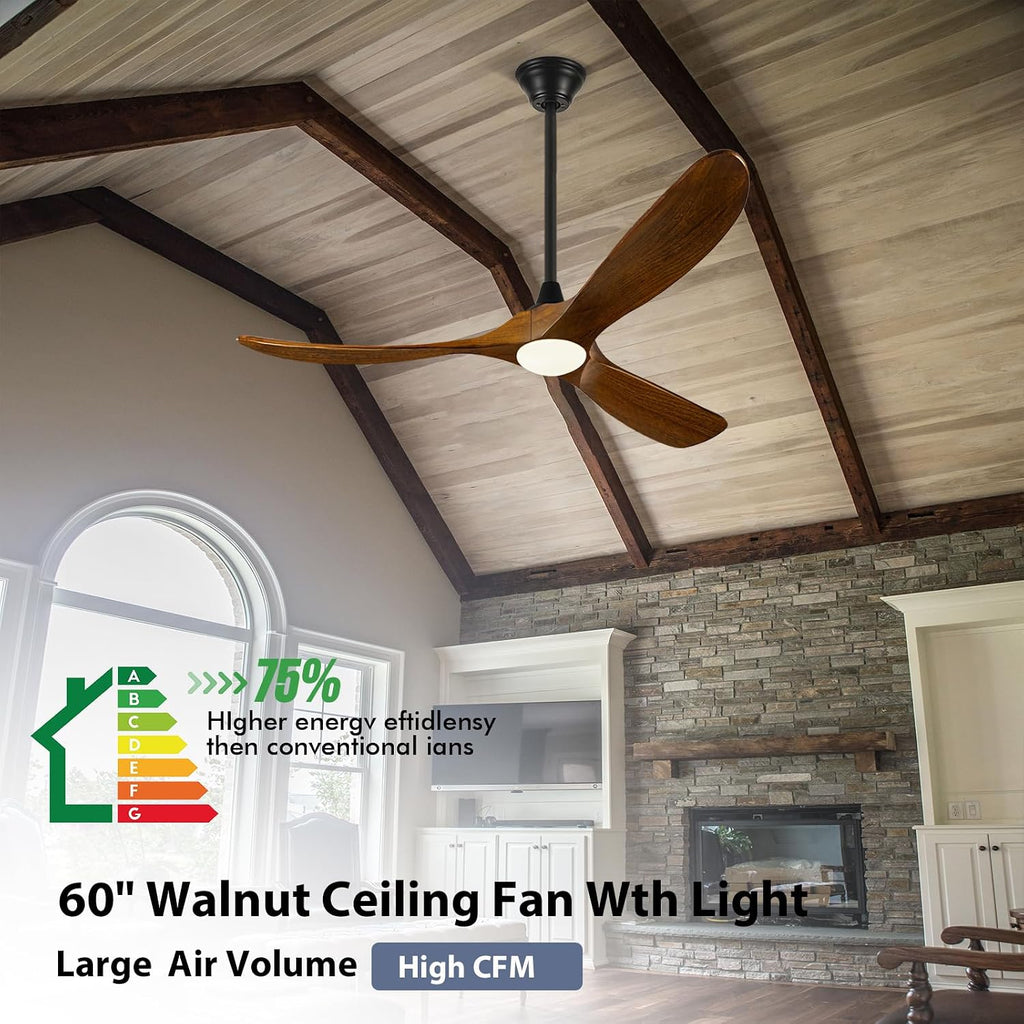 60 Inch Indoor Outdoor Ceiling Fan with Light and Remote, Modern Farmhouse for Patio, Gazebo, Living Room - High CFM Quiet Reversible DC Motor, 3 Wood Blades Dimmable with 3 Downrods