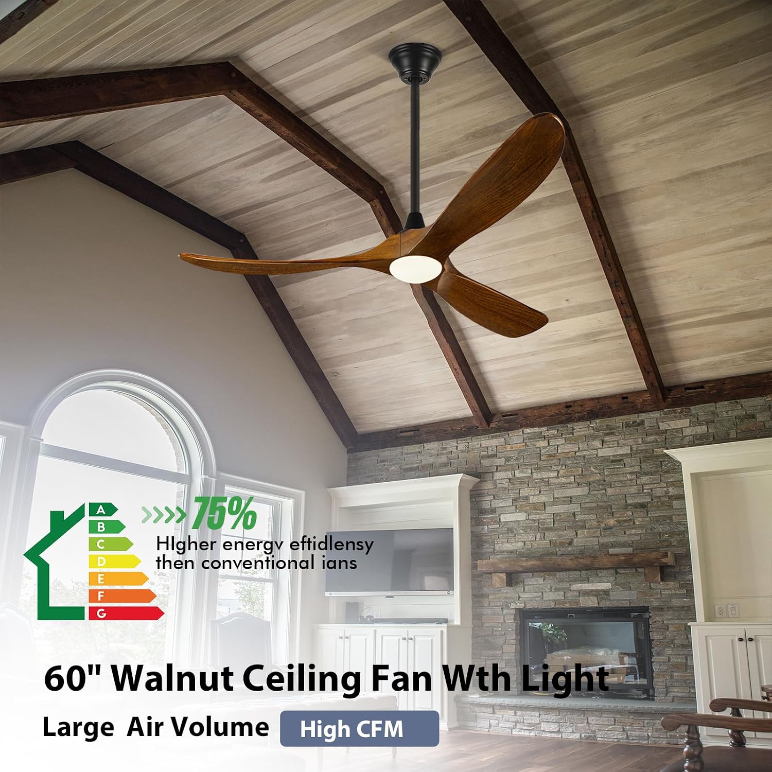 60 Inch Indoor Outdoor Ceiling Fan with Light and Remote, Modern Farmhouse for Patio, Gazebo, Living Room - High CFM Quiet Reversible DC Motor, 3 Wood Blades Dimmable with 3 Downrods
