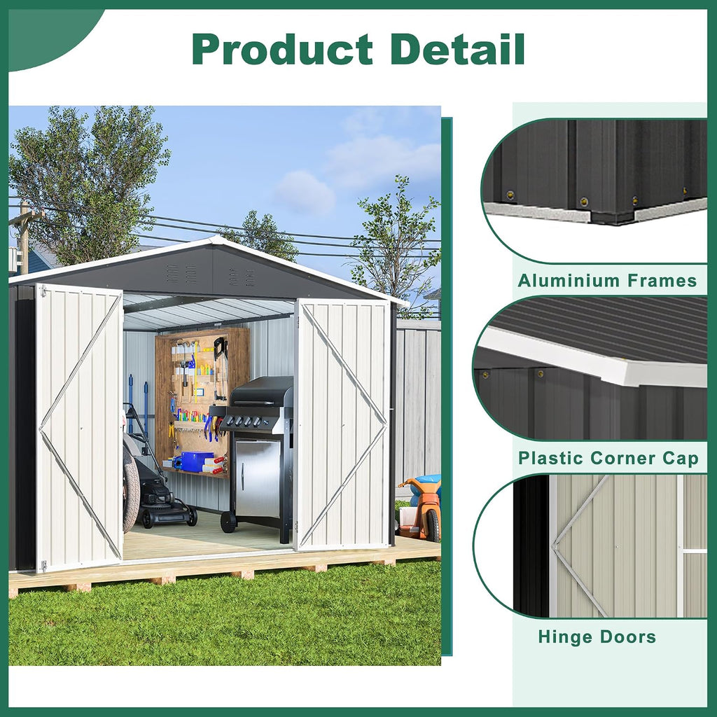 ZeHuoGe Outdoor Storage Shed 10 x 12 FT, Utility Metal Tool Storage with Lockable Doors, Large Metal Garden Shed for Backyard, Patio Lawn
