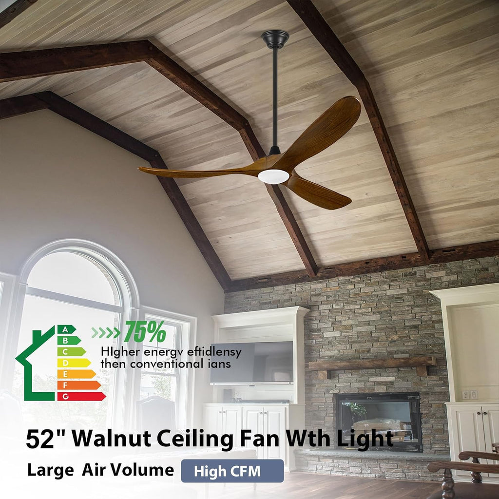 52 Inch Wood Ceiling Fans with Light Remote Control, 3 Blades Wooden Propeller Ceiling Fan, Rustic Farmhouse Style Brown, Reversible Quiet Dc Motor for Indoor Outdoor, 3CCT Dimmable