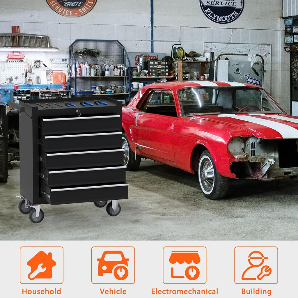 5-Drawer Rolling Tool Chest, Tool Box with 4 Wheels and Drawers, High Capacity Detachable Mobile Tool Storage Cabinet for Garage, Workshop, Mechanics and Repair Room (Black)