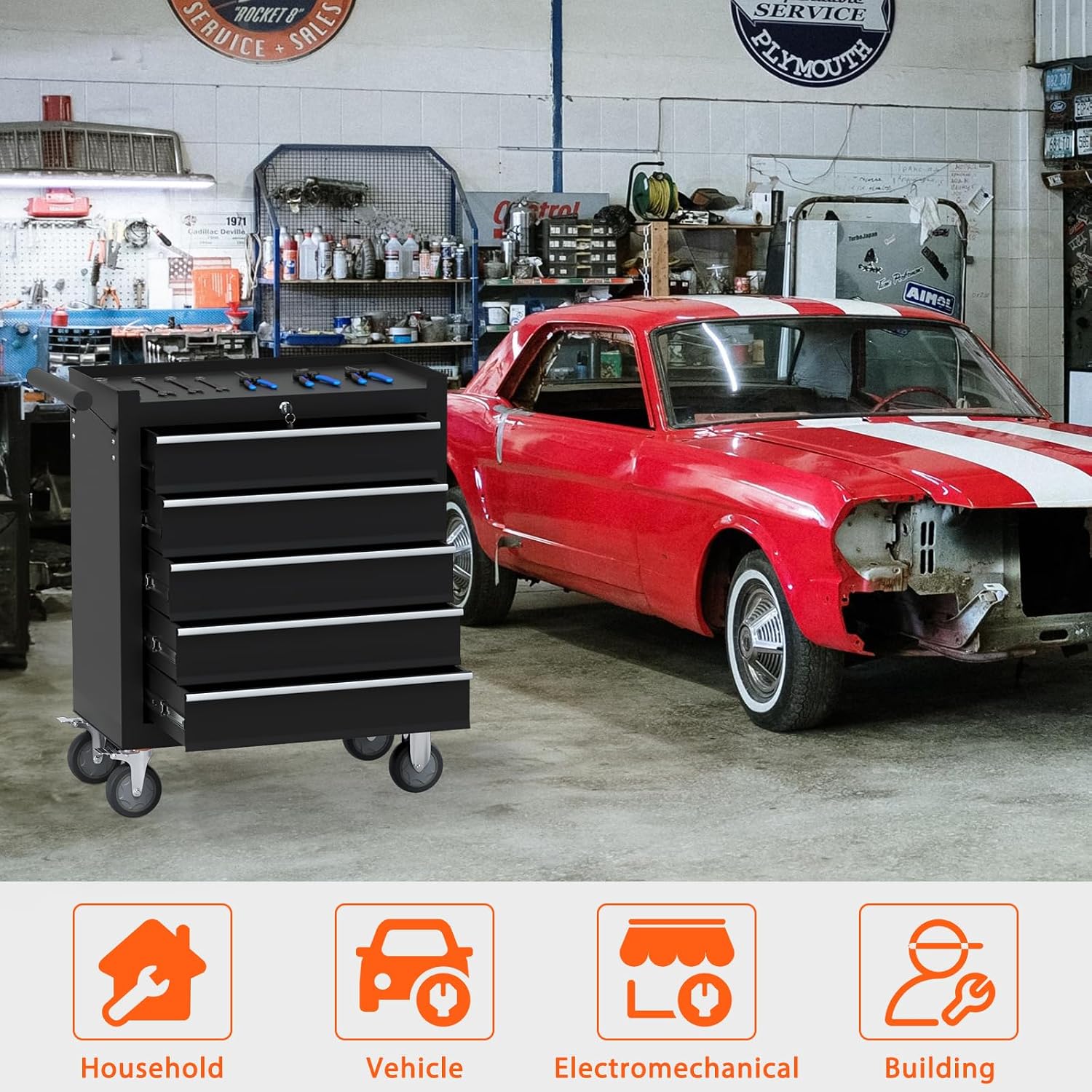 5-Drawer Rolling Tool Chest, Tool Box with 4 Wheels and Drawers, High Capacity Detachable Mobile Tool Storage Cabinet for Garage, Workshop, Mechanics and Repair Room (Black)