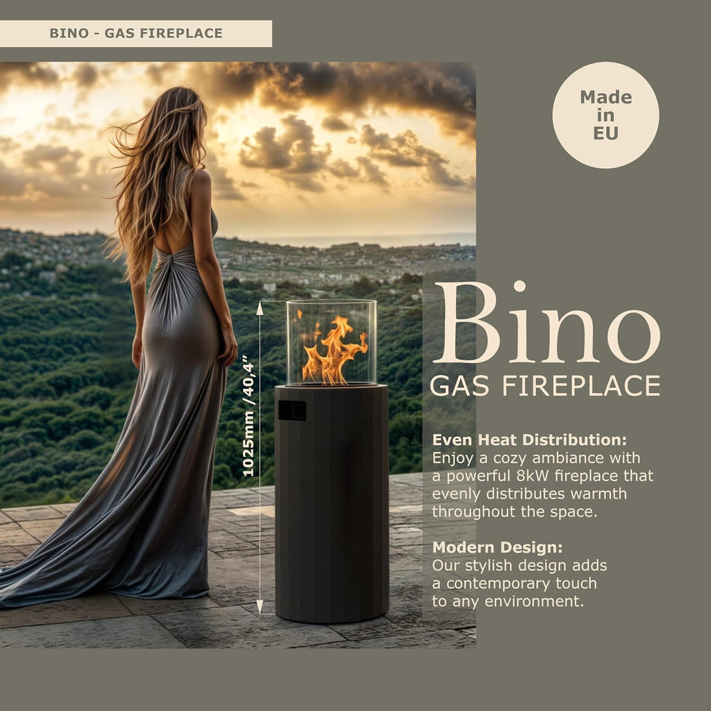 Planika BINO Outdoor Gas Fireplace - Fire Column with Glass Shield for Patio or Gardens (Outdoor Cover Incl) (Black)