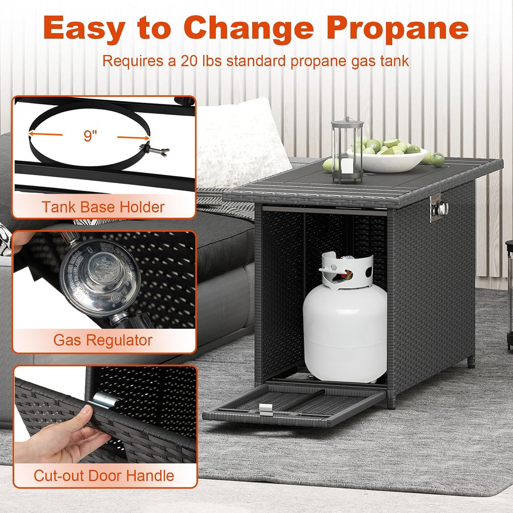 Tangkula 44.5 Inch Propane Fire Pit Table, Outdoor Rattan Gas Firepit with Metal Slatted Tabletop & Stainless Steel Burner, Rectangle Fire Pit with Lava Rocks & Protective Cover for Outside Patio
