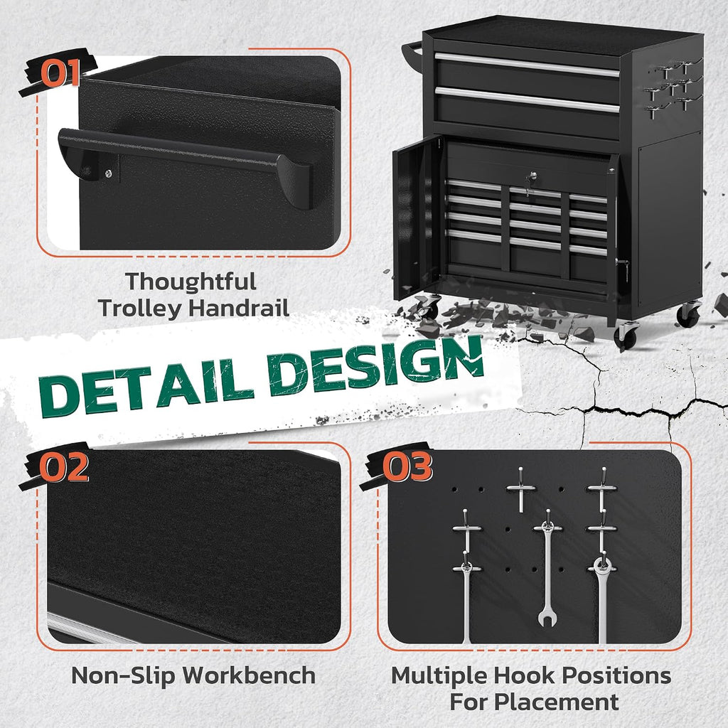 Greenvelly Metal Tool Chest,8-Drawer Rolling Tool Cart with Wheels,2 in 1 Detachable Tool Cabinets,Tool Box,Liners and Locking System for Garage,Warehouse,Workshop, Barbershop(Black)