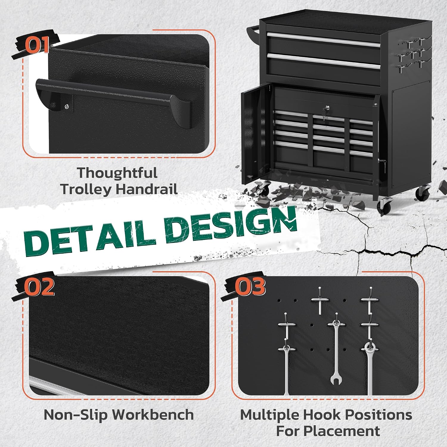 Greenvelly Metal Tool Chest,8-Drawer Rolling Tool Cart with Wheels,2 in 1 Detachable Tool Cabinets,Tool Box,Liners and Locking System for Garage,Warehouse,Workshop, Barbershop(Black)