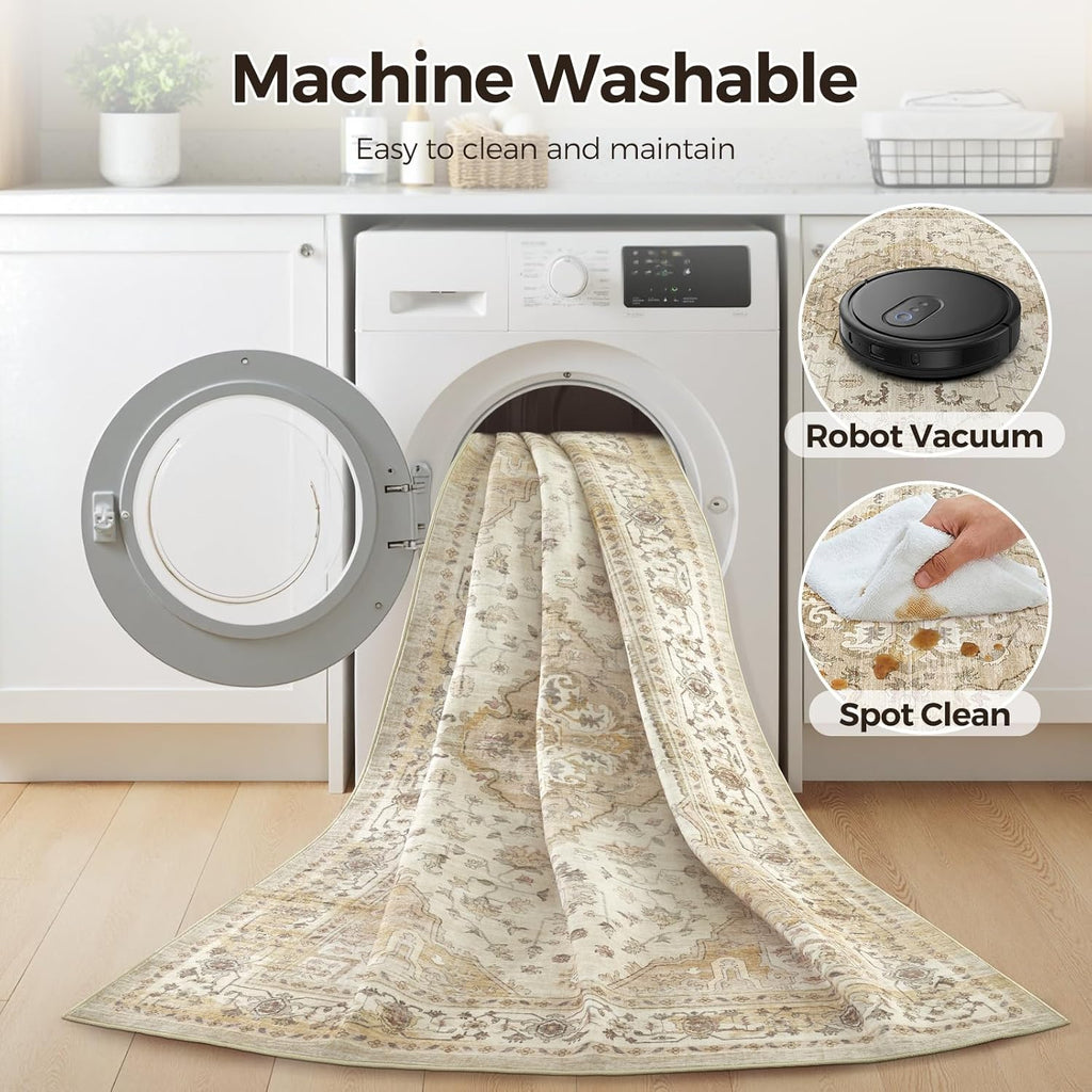 10x12 Living Room Area Rugs, Vintage Washable Rugs Non-Slip Large Carpet for Bedroom Office Dining Room Kitchen, Soft Thin Stain Resistant Retro Neutral Rug, Beige